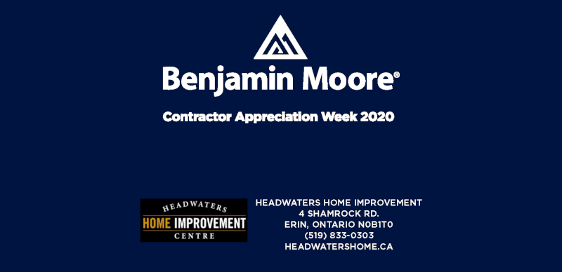 image depicting benjamin moore logo, headwaters home improvement centre logo and address