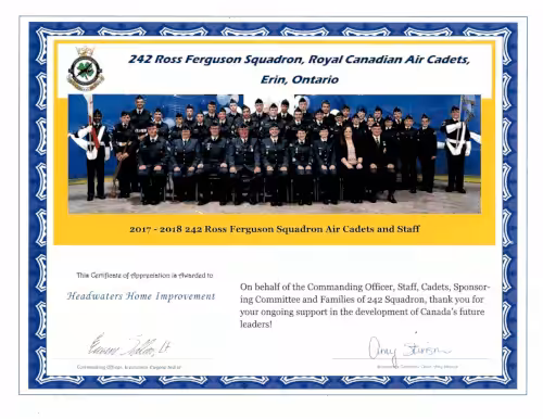 ross ferguson squadron air cadets certificate of appreciation 2017-2018 season