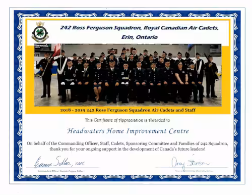 ross ferguson squadron air cadets certificate of appreciation 2018-2019 season
