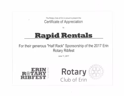 certifcate of appreciation to rapid rentals division of headwaters home improvement centre year 2017