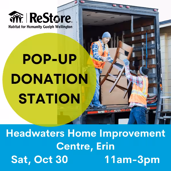 truck being loaded with household goods and words overlayed pop-up donation station with time and date
