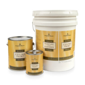 five gallon, one gallon, and single quart containers of waterborne ceiling paint
