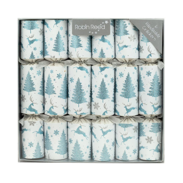 Christmas crackers 6 pcs white with blue tree print