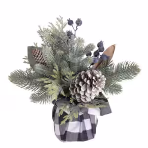 christmas arrangement mixed greens with buffalo plaid bow