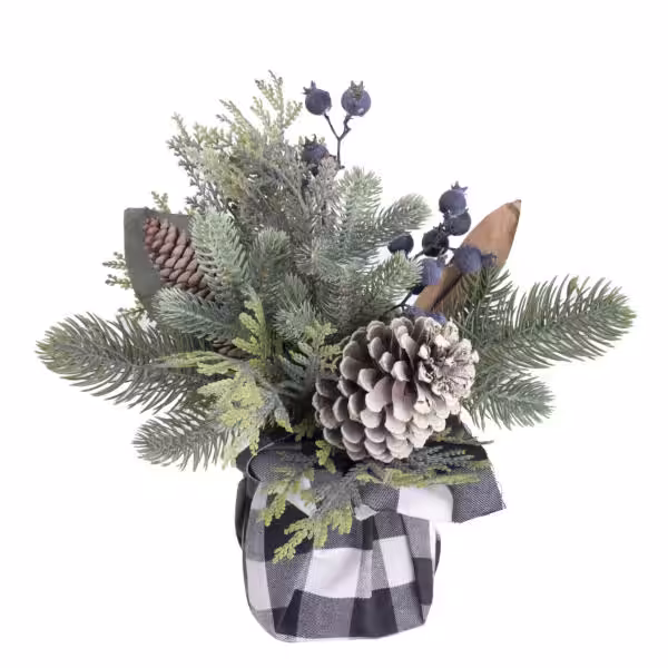 christmas arrangement mixed greens with buffalo plaid bow