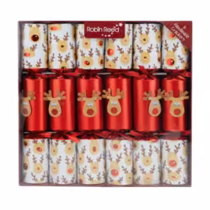 christmas crackers 6 pcs red and white reindeer print