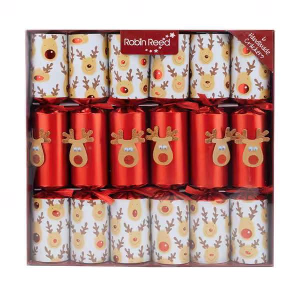 christmas crackers 6 pcs red and white reindeer print