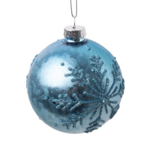 christmas glass ball blue with glitter snowflake