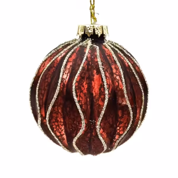 christmas glass ball burgundy with gold ribbing