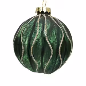 christmas glass ball dark green with gold ribbing
