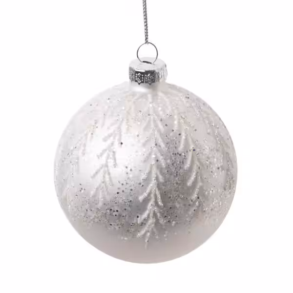 christmas glass ball silver with glitter leaves