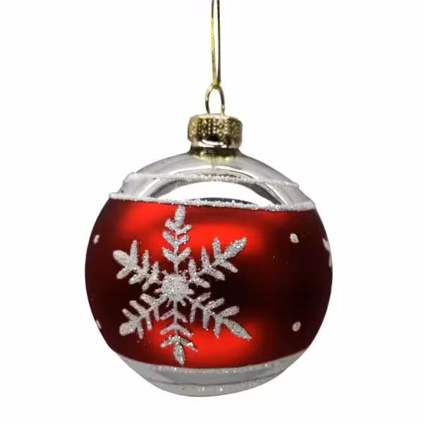 christmas glass ball silver with red band and snowflake