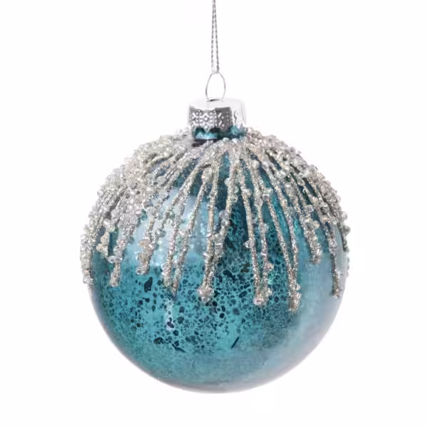 christmas glass ball teal blue with silver glitter