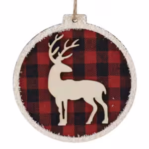 christmas ornament wooden plaid disc with reindeer