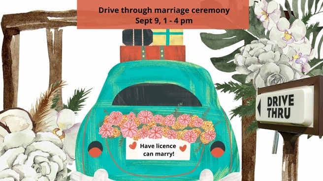 illyustration of car with words have licence can marry on back