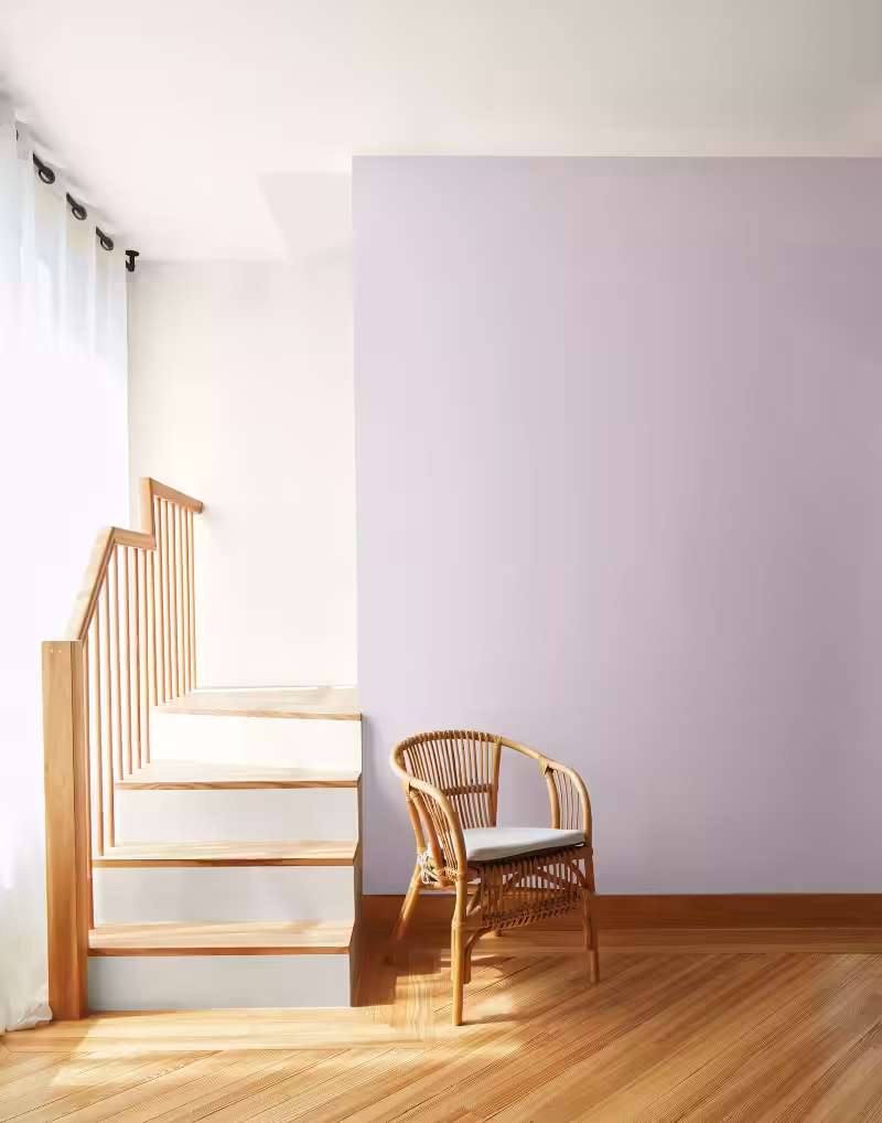 bamboo chair in front of a wall painted with Benjamin Moore New Age colour and white stairway on the left