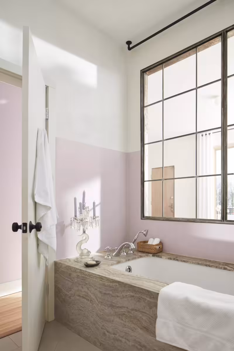 bathroom painted with Benjamin Moore New Age colour and a marble bath tub