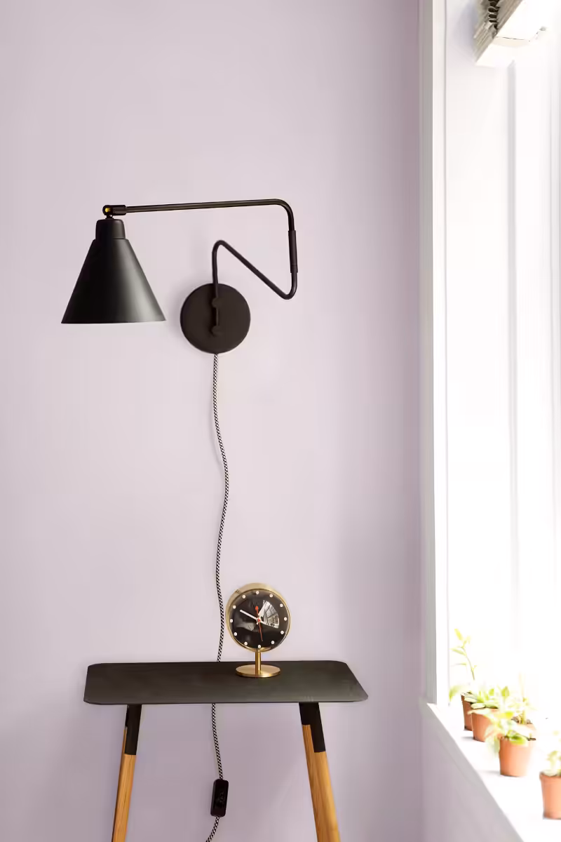 black light on a wall painted with Benjamin Moore New Age colour and black coffee table at the front