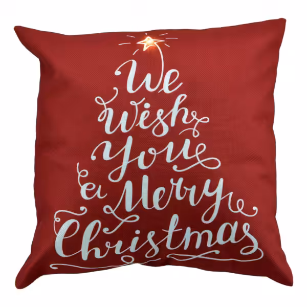 christmas decor red cushion lighted with 1 led with we wish you a merry christmas print in white letters