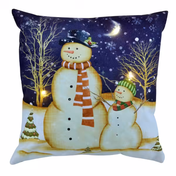 christmas decor cushion lighted with three led night scene with two snowmen