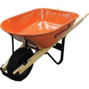 orange powder coated steel wheelbarrow