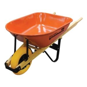 orange powder coated 6 cubic foot tray wheelbarrow with extra large wheel