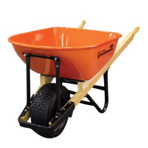 orange powder coated 7 cubic foot tray wheelbarrow