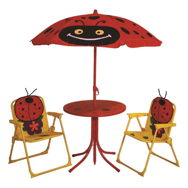 children's patio set in lady bug theme with two chairs, table and umbrella