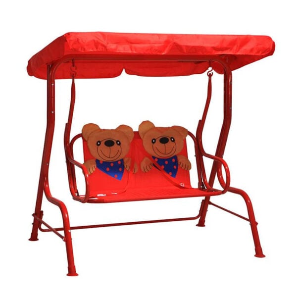 children's swing decorated with teddy bears on the seat.