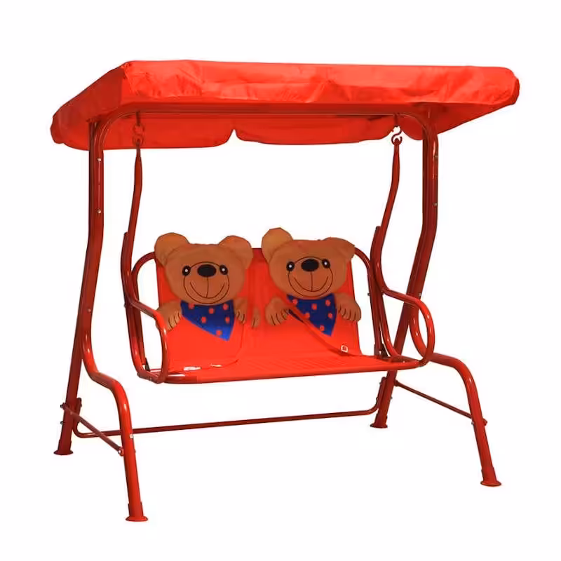 children's swing decorated with teddy bears on the seat.