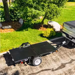 dk2 mft4x8 folding trailer hitched to pickup truck