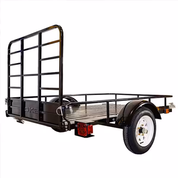 angled view of dk2 mmt4x60 landscaping trailer showing back rails and side