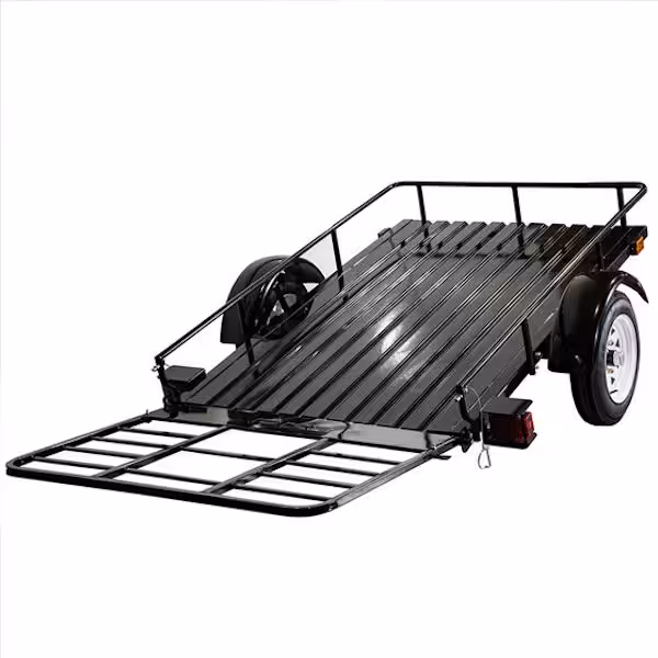 view of dk2 mmt4x60 landscaping trailer with back rails lowered.
