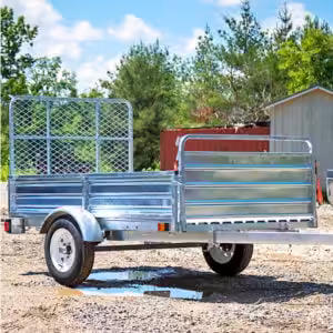 view of front and side of dk2 mmt5x7g-dug galvanized landscaping trailer