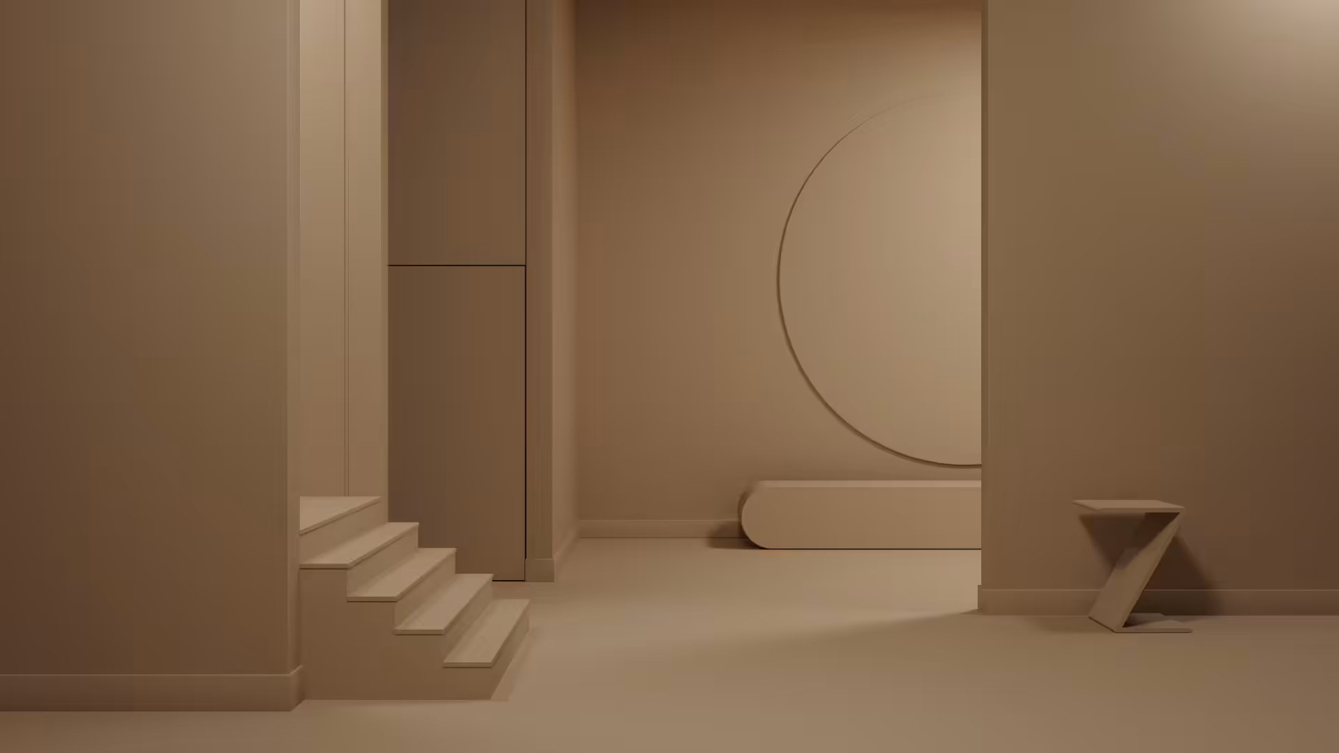 living space painted in benjamin moore 'chowning's tan' colour and as seen in evening light