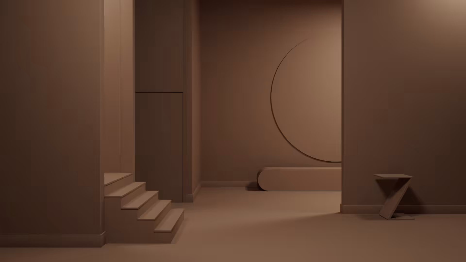living space painted with benjamin moore colour 'leather saddle brown' and shown under night lighting