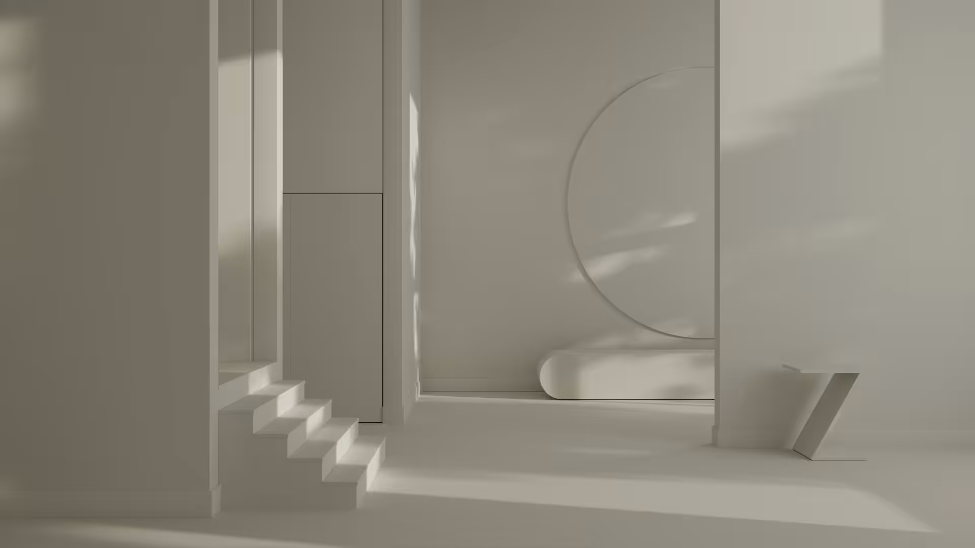 living space painted in Benjamin Moore 'glacier white' colour and as seen in morning light
