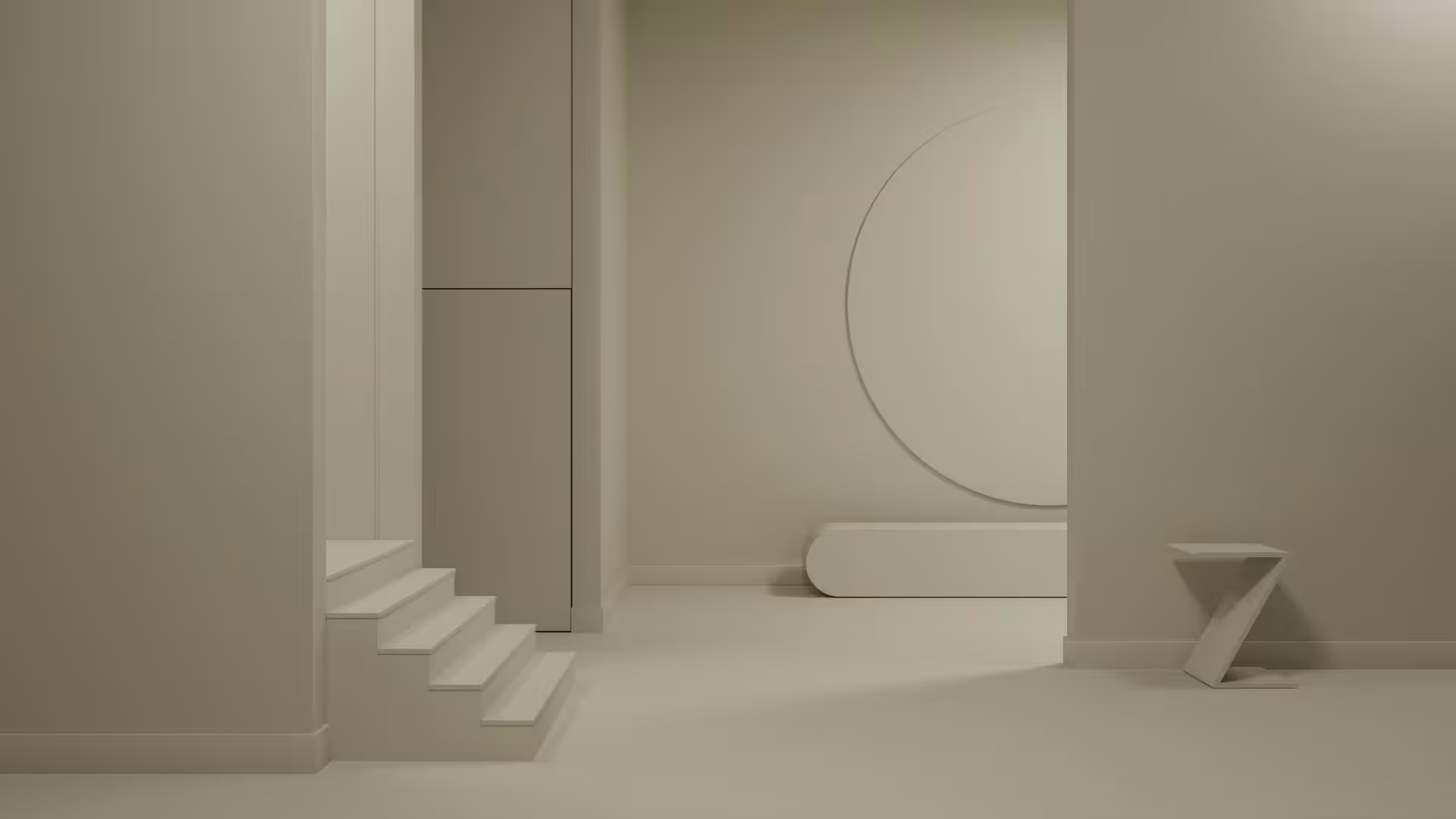 living space painted in benjamin moore 'paris rain' colour and seen under night/evening lighting